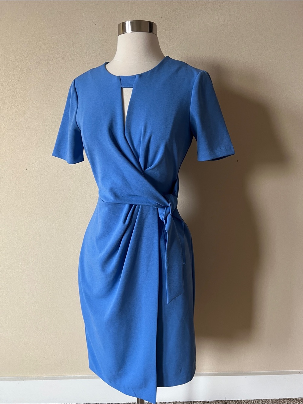 London Times Blue Wrap Tie Midi Sheath Dress